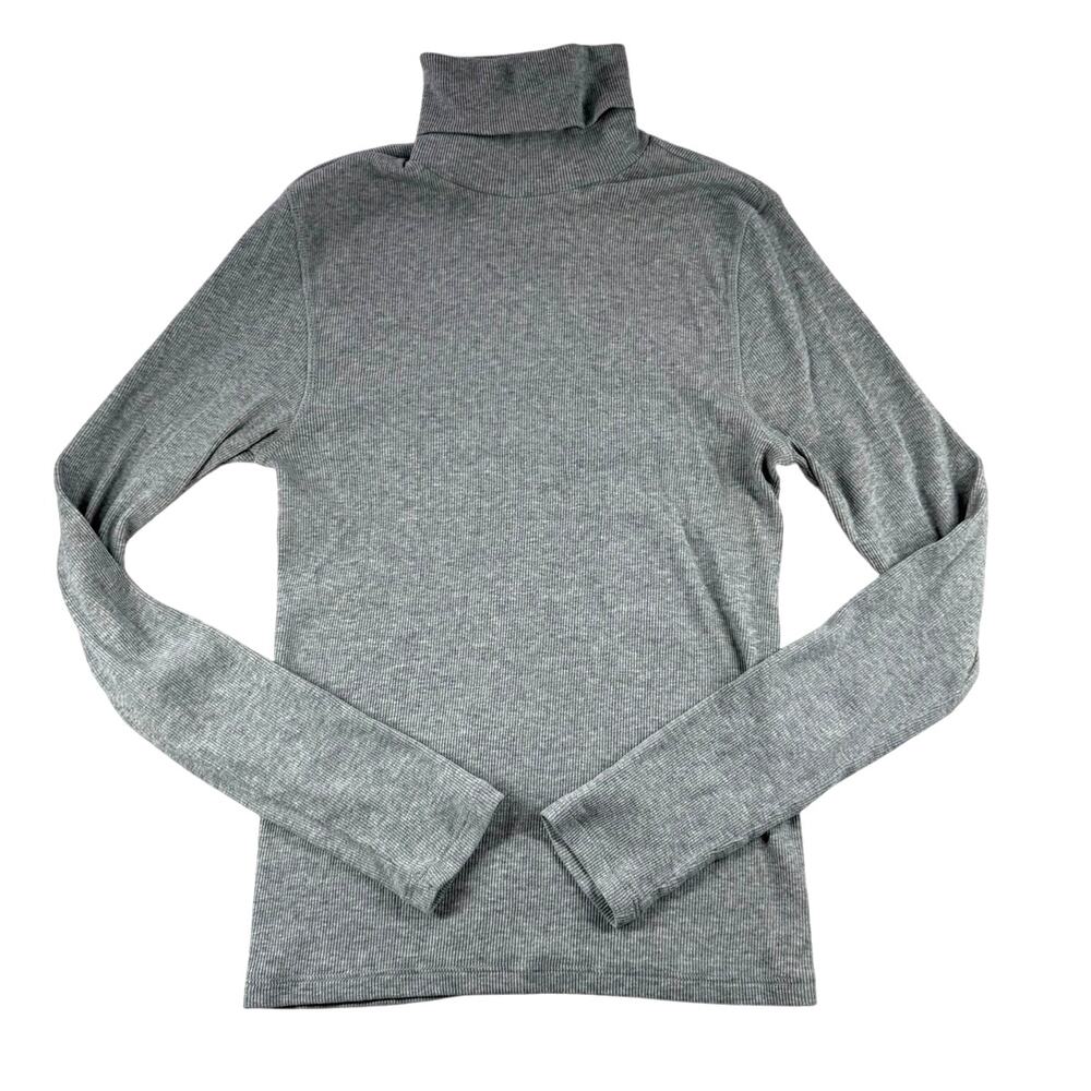Quince Organic Cotton Micro-Rib Turtleneck Shirt XS Heather Grey Long Sleeve Top